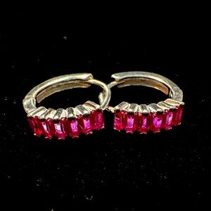 Silver and Pink Baguette Gemstone mini huggie Hoop Earrings